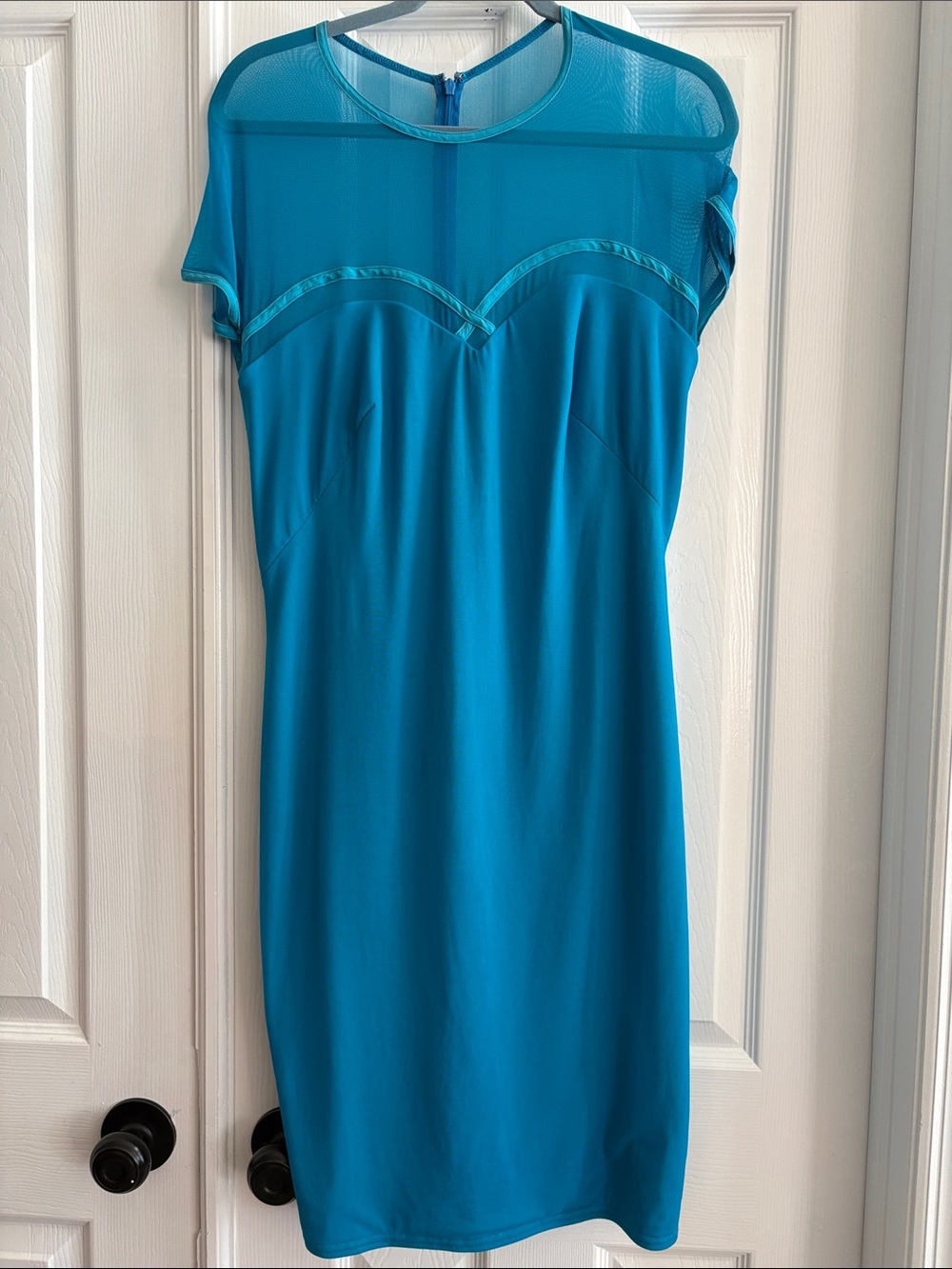 Tadashi Shoji Teal Aqua Blue stretchy Bodycon Sheath Dress Mesh Yoke Size XL